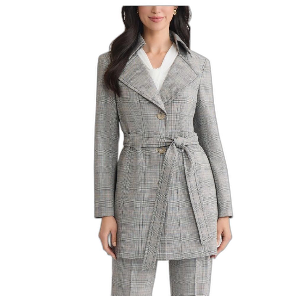 NWT Kasper Belted Trench Coat Woman's Size 14 Grey Plaid Long Sleeve Tie Waist